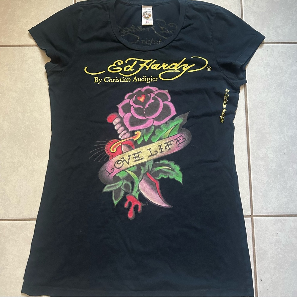 "Love Life" Rose Heart graphic T-shirt black Ed Hardy by Christian Audigier - Picture 2 of 10